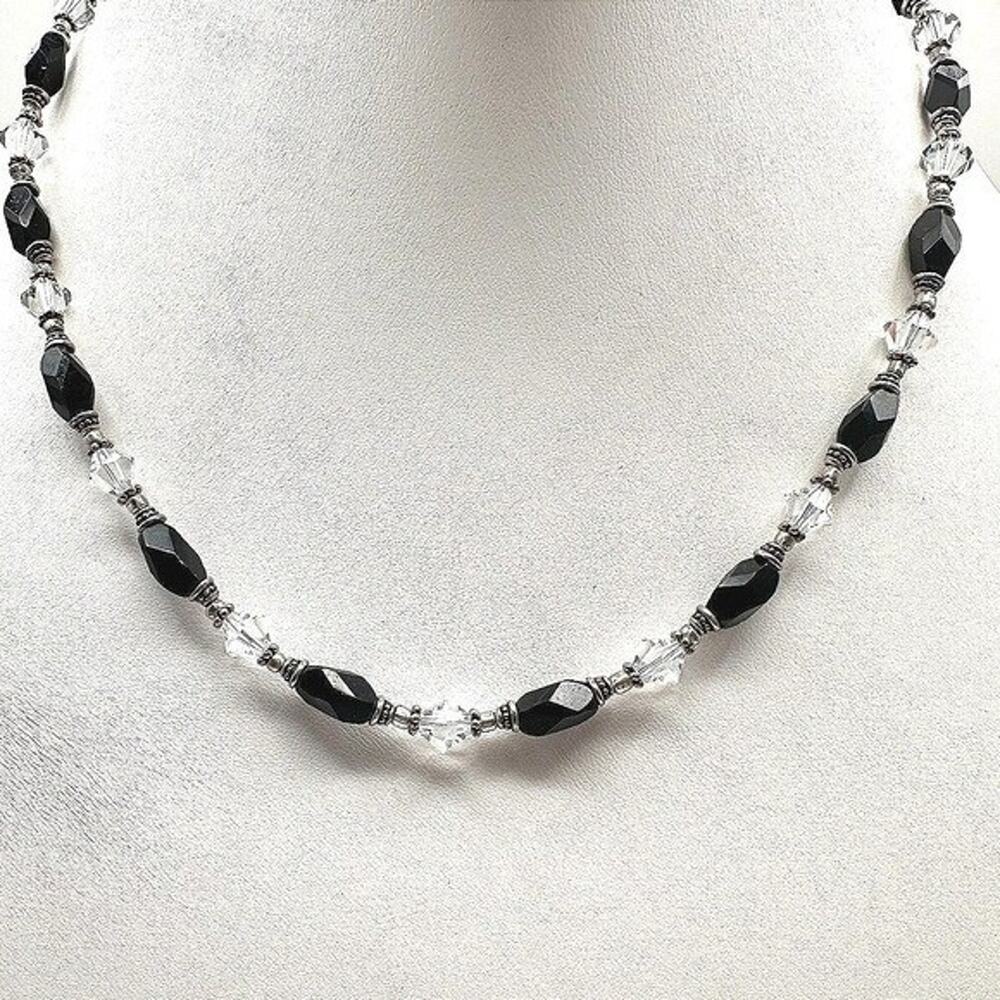 Vintage 90s Black Onyx Clear Crystal Beaded Necklace Silver Tone Boho Statement